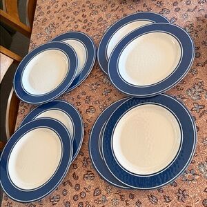 TOMMY HILFIGER set of 8 PBA Free Melamine Nautical Plates blue white new 10”+